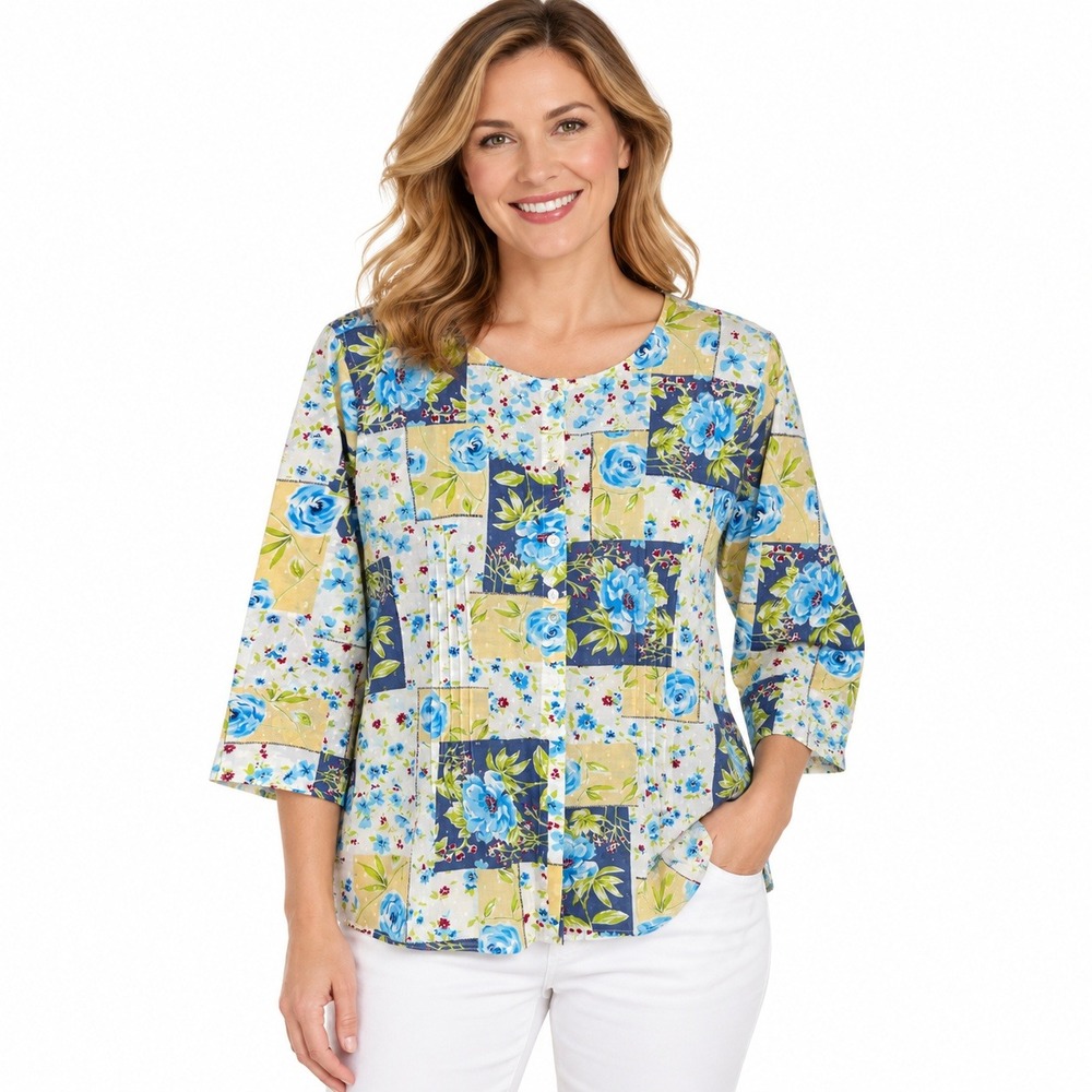 Floral Patchwork Cotton Tunic Top Medium Blue 3/4 Sleeve Button Front Boho Chic